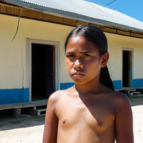 Home 4 ** A young Kiribati girl sadly watching other children go to school. She is wearing simple clothing and standing near a traditional home. The background shows a bright, sunny day, contrasting with her situation. This image symbolizes the traditional gender roles that limit educational opportunities for girls.
**