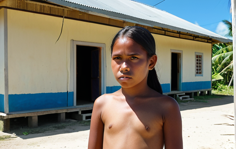 ** A young Kiribati girl sadly watching other children go to school. She is wearing simple clothing and standing near a traditional home. The background shows a bright, sunny day, contrasting with her situation. This image symbolizes the traditional gender roles that limit educational opportunities for girls.
**