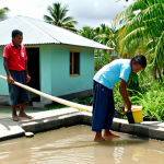**A Kiribati community adapting to climate change:**
    Several adult members of a Kiribati island community, fully clothed in modest, practical attire, are collaboratively managing a modern rainwater harvesting and filtration system in a clean, sunlit village setting. The background shows traditional houses and lush tropical vegetation, emphasizing self-sufficiency and adaptation efforts. safe for work, appropriate content, fully clothed, family-friendly, perfect anatomy, correct proportions, natural pose, well-formed hands, proper finger count, natural body proportions, professional photography, high quality, realistic.