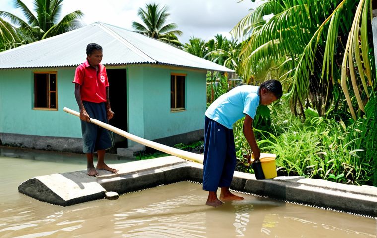 **A Kiribati community adapting to climate change:**
    Several adult members of a Kiribati island community, fully clothed in modest, practical attire, are collaboratively managing a modern rainwater harvesting and filtration system in a clean, sunlit village setting. The background shows traditional houses and lush tropical vegetation, emphasizing self-sufficiency and adaptation efforts. safe for work, appropriate content, fully clothed, family-friendly, perfect anatomy, correct proportions, natural pose, well-formed hands, proper finger count, natural body proportions, professional photography, high quality, realistic.