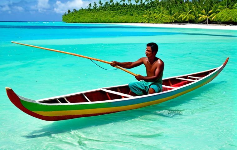 "A Kiribati fisherman in a small, brightly painted outrigger canoe, casting a net into the turquoise water. Lush green island visible in the background. Fully clothed, appropriate attire, safe for work, perfect anatomy, natural proportions, professional photography, high quality, family-friendly."
