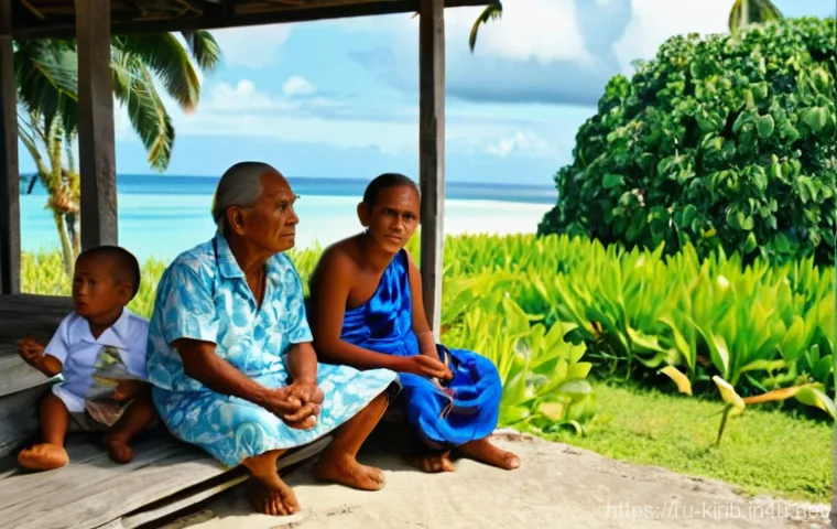 키리바시의 일본 점령기 - **Prompt:** A somber but dignified scene on a Kiribati atoll during the early days of Japanese occup...