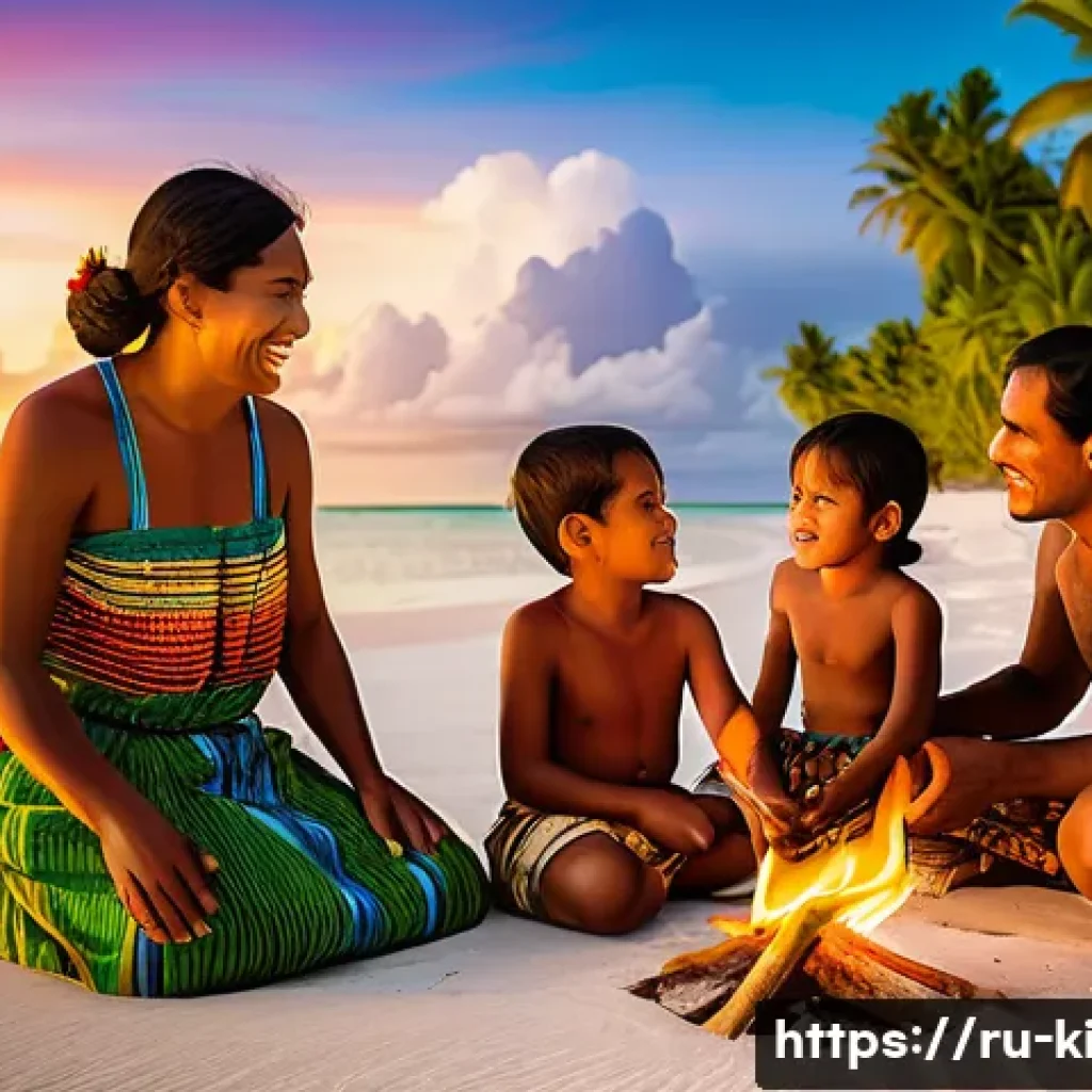 키리바시 이중 언어 정책 - A vibrant traditional Kiribati family scene on a tropical island beach at sunset, featuring parents ...