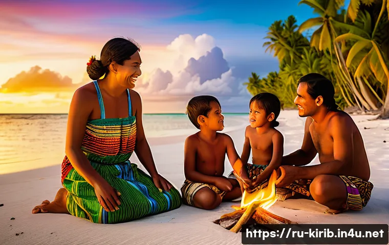 키리바시 이중 언어 정책 - A vibrant traditional Kiribati family scene on a tropical island beach at sunset, featuring parents ...