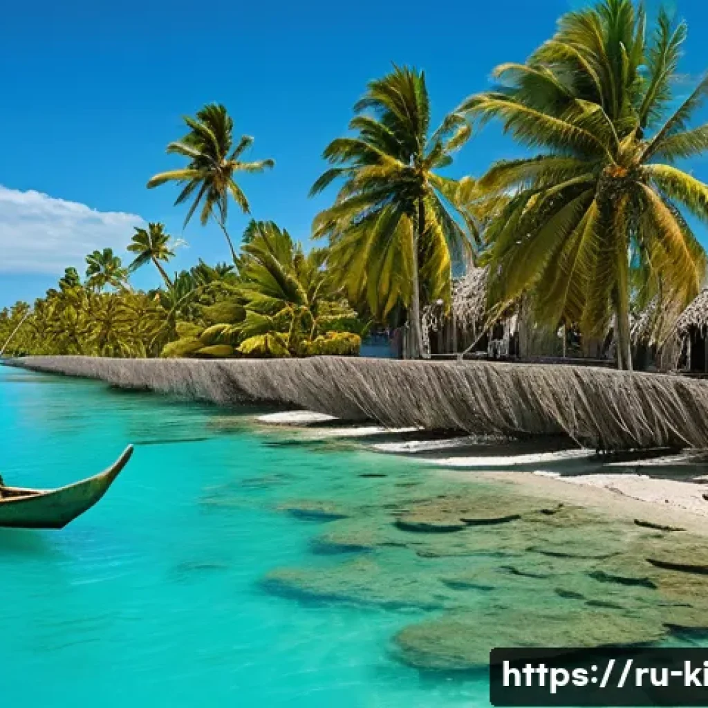 키리바시 원주민 생활방식 - A vibrant coastal village scene in Kiribati showing local fishermen using traditional hand-crafted f...
