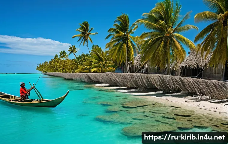 키리바시 원주민 생활방식 - A vibrant coastal village scene in Kiribati showing local fishermen using traditional hand-crafted f...
