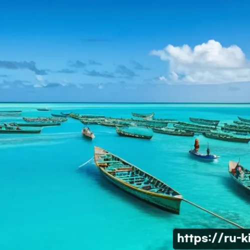 Home 33 키리바시 주요 산업 및 기업 - A vibrant scene of Kiribati fishermen on traditional wooden boats in the turquoise Pacific Ocean, su...