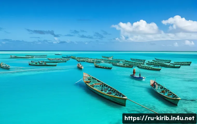 키리바시 주요 산업 및 기업 - A vibrant scene of Kiribati fishermen on traditional wooden boats in the turquoise Pacific Ocean, su...