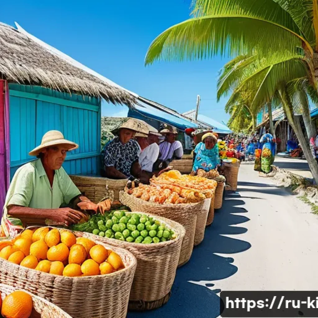 키리바시 주요 무역 협정 - A vibrant Pacific island marketplace scene in Kiribati, showcasing local farmers and fishermen in tr...