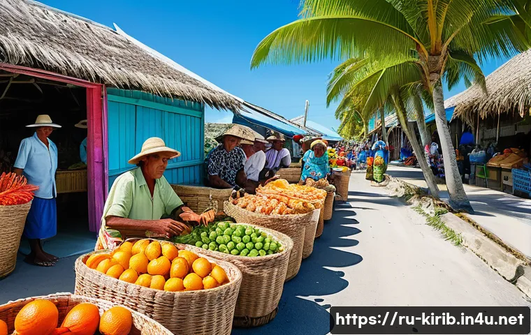 키리바시 주요 무역 협정 - A vibrant Pacific island marketplace scene in Kiribati, showcasing local farmers and fishermen in tr...