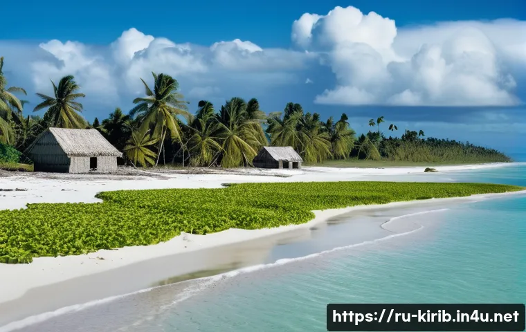 키리바시 환경 문제와 해수면 상승 - A detailed coastal scene of a low-lying Kiribati atoll experiencing severe erosion: show worried loc...