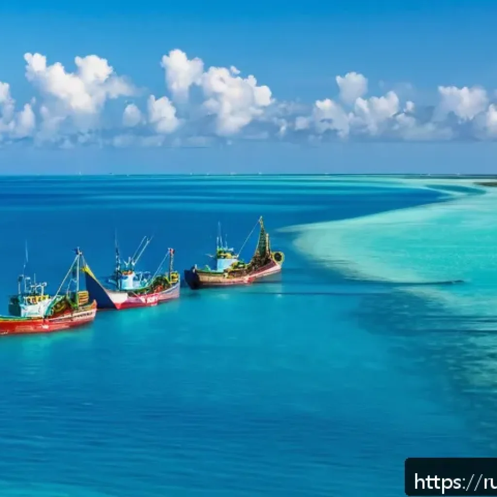 키리바시 어업 산업과 법규 - A vibrant coastal scene in Kiribati featuring licensed fishing vessels actively operating within a v...