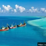 Home 18 키리바시 어업 산업과 법규 - A vibrant coastal scene in Kiribati featuring licensed fishing vessels actively operating within a v...