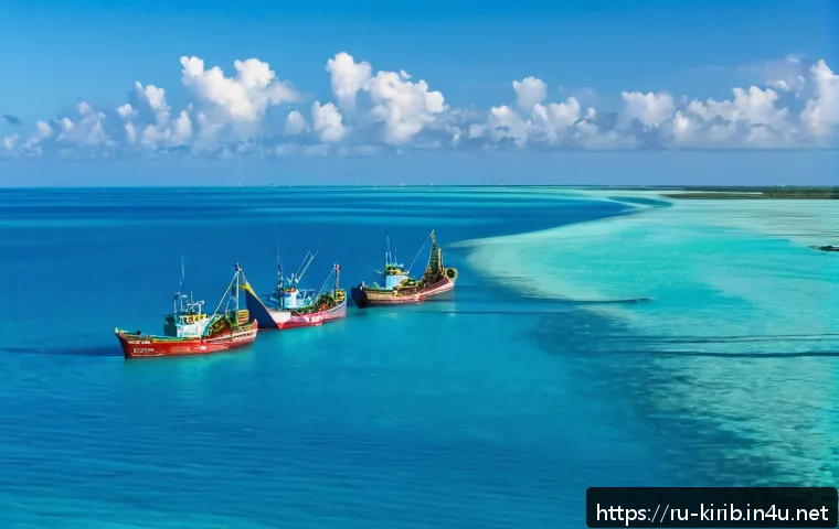 키리바시 어업 산업과 법규 - A vibrant coastal scene in Kiribati featuring licensed fishing vessels actively operating within a v...