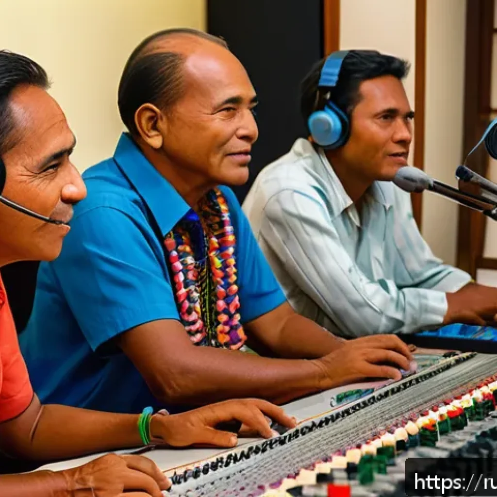 키리바시 미디어에서 사용되는 언어 - A vibrant radio studio scene in Kiribati featuring a diverse group of broadcasters speaking Gilberte...