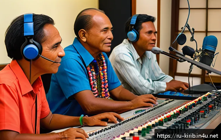 키리바시 미디어에서 사용되는 언어 - A vibrant radio studio scene in Kiribati featuring a diverse group of broadcasters speaking Gilberte...