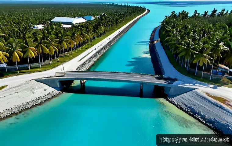 Home 17 키리바시의 인프라 개발 프로젝트 - Photorealistic aerial view of a coastal infrastructure development project in Kiribati, newly paved ...